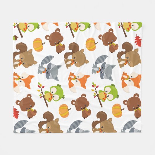 森林動物，森林動物，秋動物 フリースブランケット (正面(横))