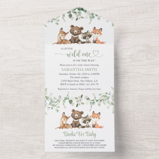 森林動物,森,ワイルドワン,赤ちゃんシャワー オールインワン招待状 (内側)