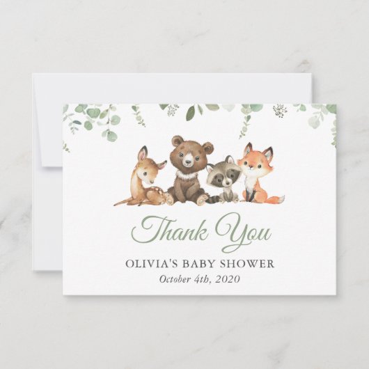 森林動物，森，ワイルドワン，赤ちゃんシャワー サンキューカード (正面)