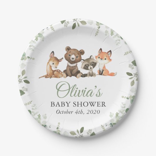 森林動物,森,ワイルドワン,赤ちゃんシャワー ペーパープレート (正面)