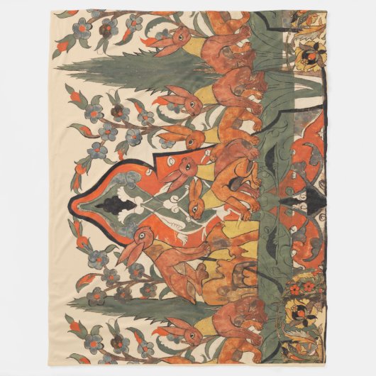 森林動物，花の間の赤い葉ウサギ フリースブランケット (正面)