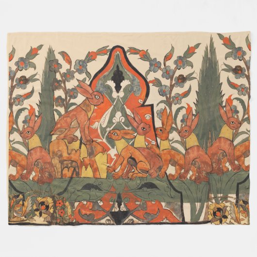 森林動物，花の間の赤い葉ウサギ フリースブランケット (正面(横))