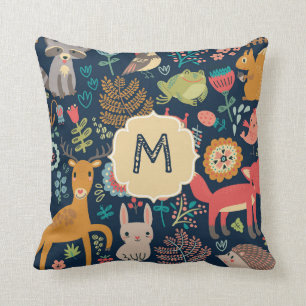 森林動物Woodland Navy Blue Monogram クッション