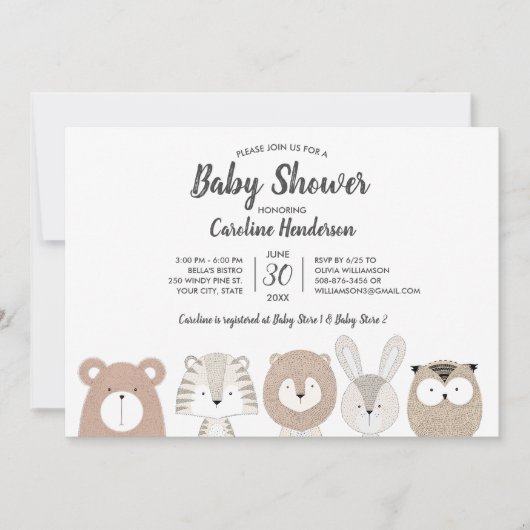 森林及びジャングル動物のベビーシャワーの招待状 招待状 (正面)