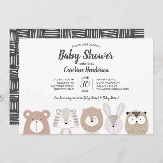 森林及びジャングル動物のベビーシャワーの招待状 招待状 (正面/裏面)