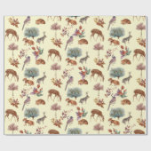 森林地の動物と鳥淡い色のの黄色の背景 ラッピングペーパー (フラット)