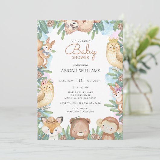 森林地の水彩動物のベビーシャワー 招待状 (スタンド正面)