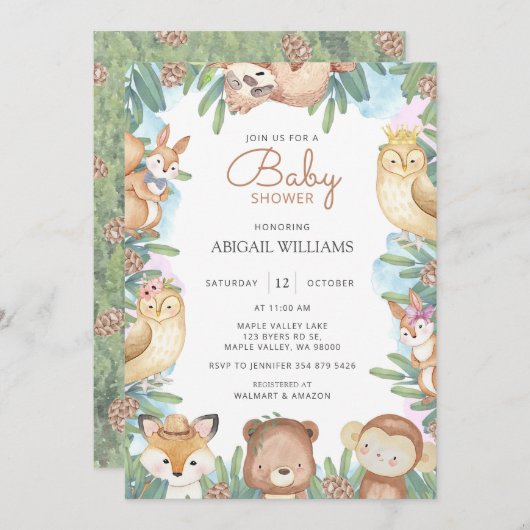 森林地の水彩動物のベビーシャワー 招待状 (正面/裏面)