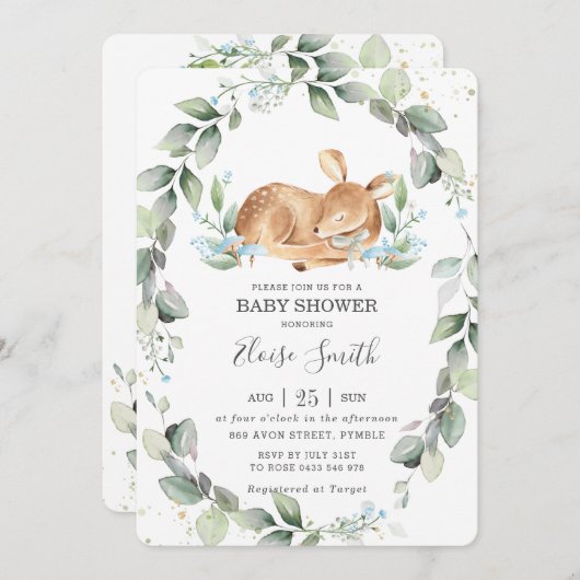 森林地の鹿の緑の葉素朴の多いベビーシャワー 招待状 (正面/裏面)