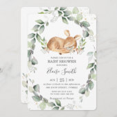 森林地の鹿の緑の葉素朴の多いベビーシャワー 招待状 (正面/裏面)