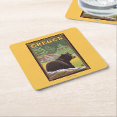 森林場面ヴィンテージ旅行のツキノワグマ スクエアペーパーコースター (アングル)