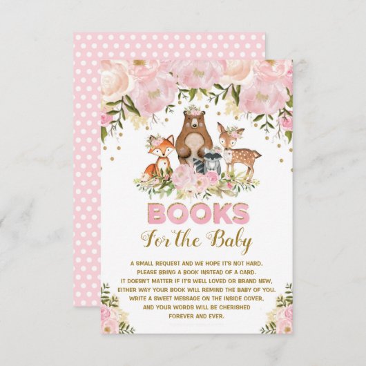 森林女の赤ちゃんの赤面の金ゴールドの花柄は本を持って来ます エンクロージャーカード (正面/裏面)