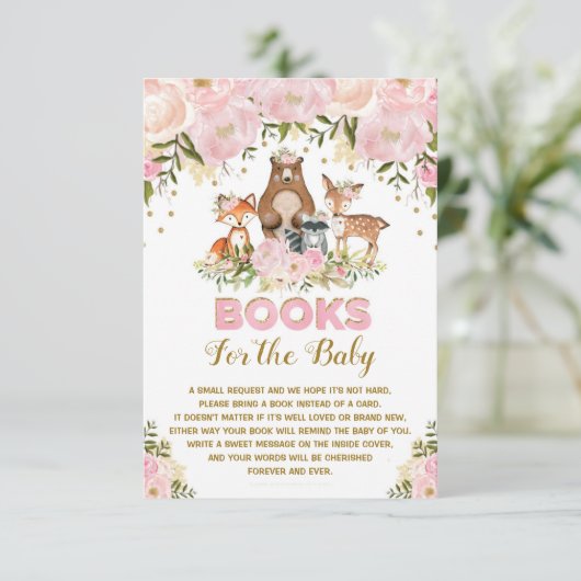 森林女の赤ちゃんの赤面の金ゴールドの花柄は本を持って来ます エンクロージャーカード (スタンド正面)