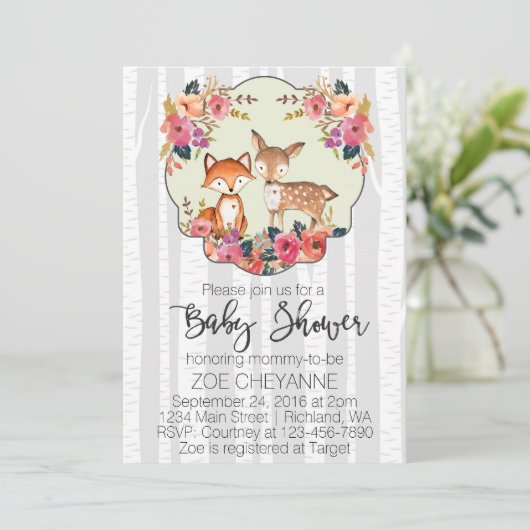 森林子供部屋のベビーのシカおよびキツネのベビーシャワー 招待状 (スタンド正面)