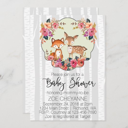 森林子供部屋のベビーのシカおよびキツネのベビーシャワー 招待状 (正面/裏面)
