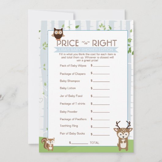 森林春/夏のベビーシャワーの価格のゲーム 招待状 (正面)