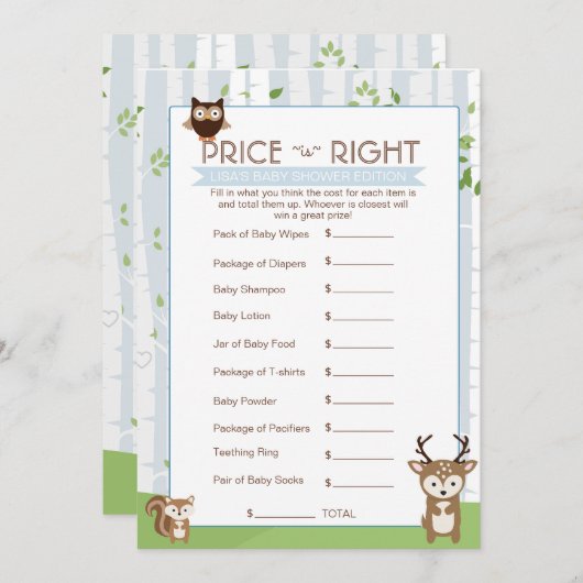 森林春/夏のベビーシャワーの価格のゲーム 招待状 (正面/裏面)