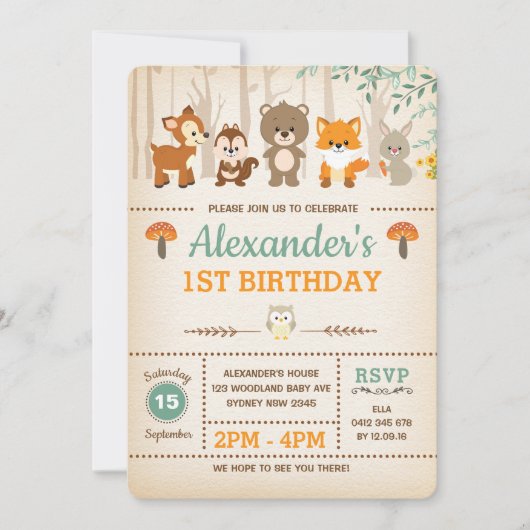 森林最初誕生日の招待状の森林動物 招待状 (正面)