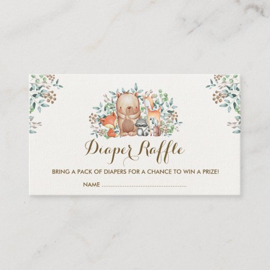 森林森林ベビー動物のおむつのラッフルのチケット エンクロージャーカード (正面)