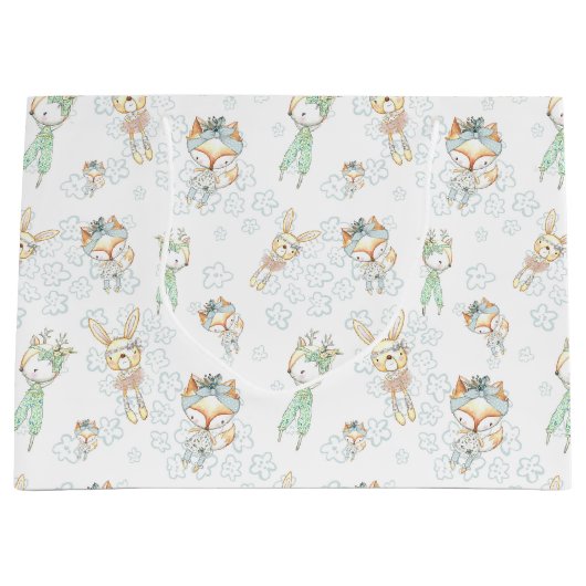 森林森林ベビー動物のキツネのバニー ラージペーパーバッグ (正面)