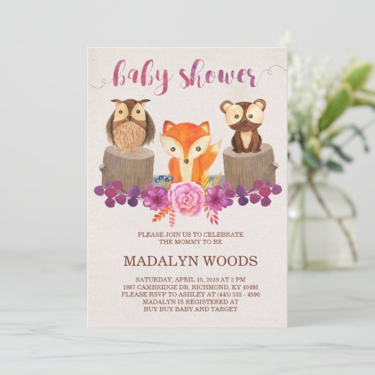 森林森林動物のベビーシャワーの招待状 招待状 (スタンド正面)