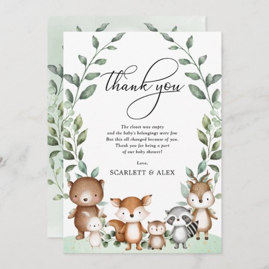 森林森林動物の赤ちゃんシャワーの好意 サンキューカード (正面/裏面)