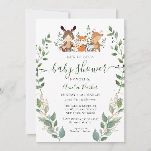 森林森林動物の赤ちゃんシャワー 招待状 (正面)