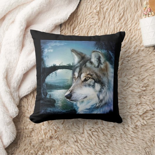 森林森林月光の満月のオオカミ クッション (ブランケット)