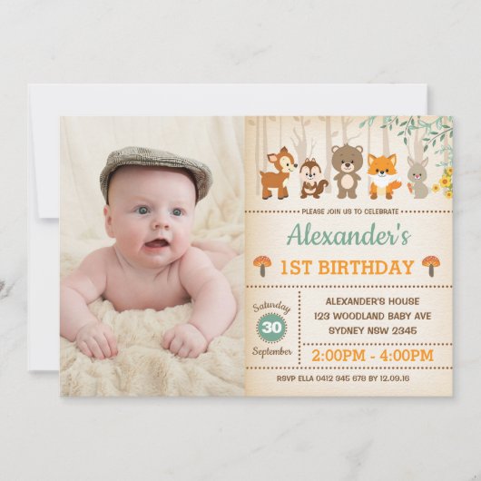 森林森林第1誕生日のベビー動物のパーティー 招待状 (正面)