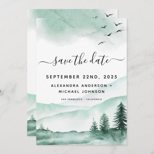 森林水の日素朴付の色を保存すモダンる セーブザデート (正面/裏面)