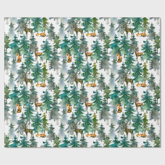 森林水彩模様の森林動物 ラッピングペーパー (フラット)