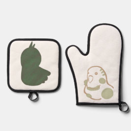 森林浴気分の癒し柔らかデザインインコ 鍋つかみ&鍋敷きセット