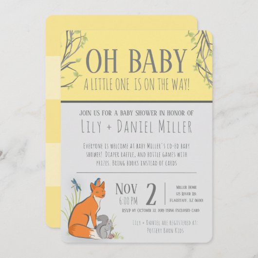 森林男女兼用動物のベビーシャストライプワー 招待状 (正面/裏面)