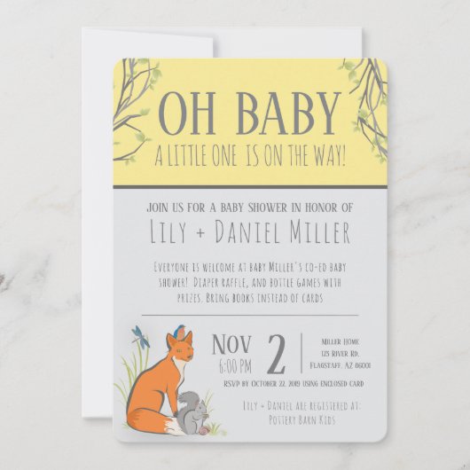 森林男女兼用動物のベビーシャストライプワー 招待状 (正面)