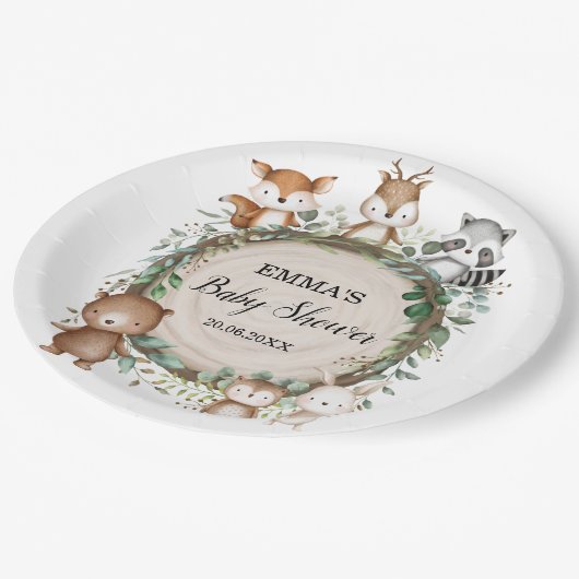 森林素朴動物のベビーシャワー ペーパープレート (アングル)