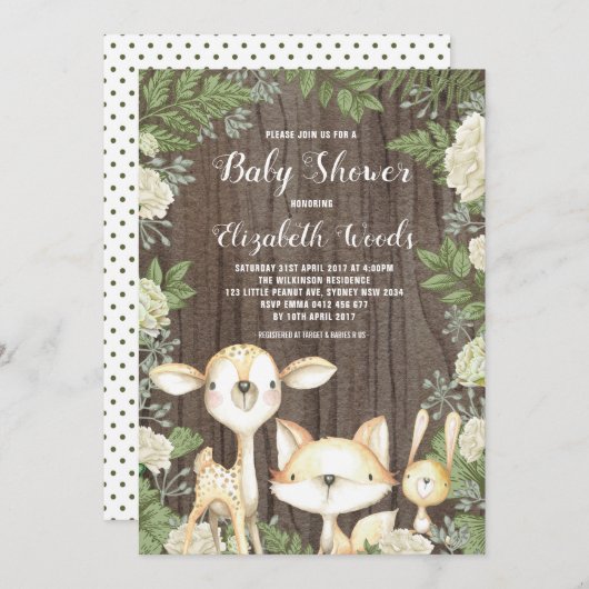 森林素朴動物植物のベビーシャワー 招待状 (正面/裏面)