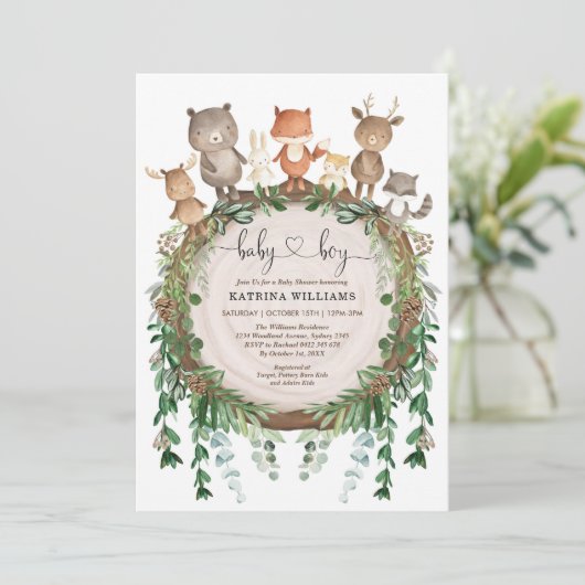 森林素朴動物男の赤ちゃんシャワー 招待状 (スタンド正面)