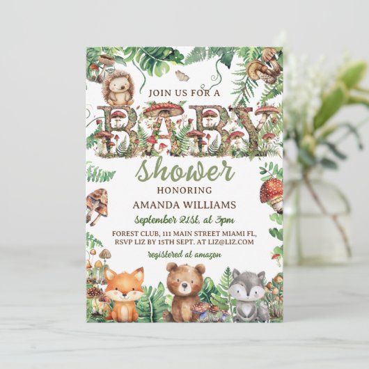 森林緑の植物動物の赤ちゃんシャワー 招待状 (スタンド正面)