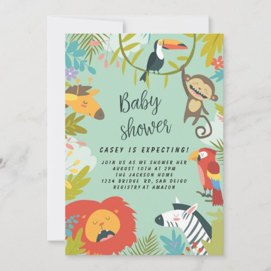 森林緑の野生動物のベビーシャワー  招待状 (正面)
