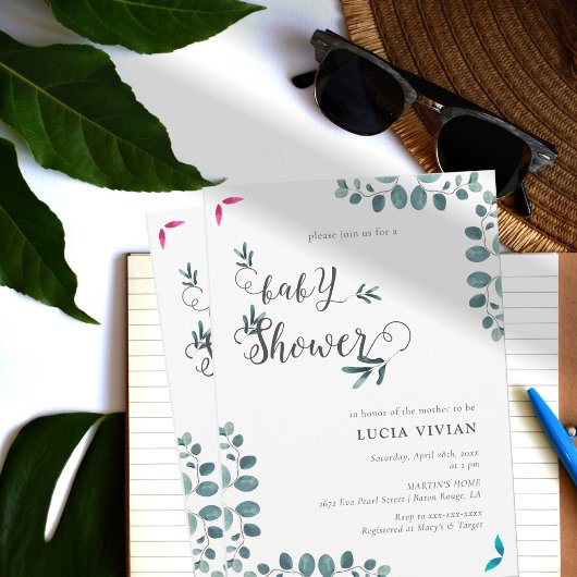 森林緑ユーカリ赤ちゃんシャワー 招待状