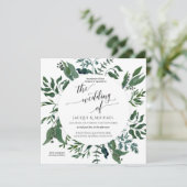 森林群葉の結婚式の水彩画のリース|の正方形 招待状 (スタンド正面)