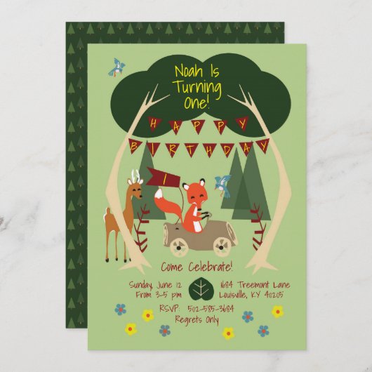 森林誕生日のパーティの招待状 招待状 (正面/裏面)