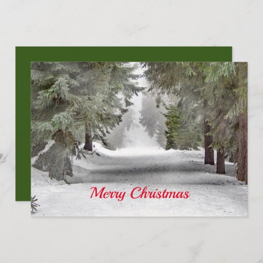 森林道路の雪の松の木の写真クリスマスフラット シーズンカード (正面/裏面)