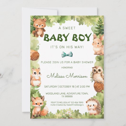森林野生動物男の赤ちゃんシャワー 招待状 (正面)