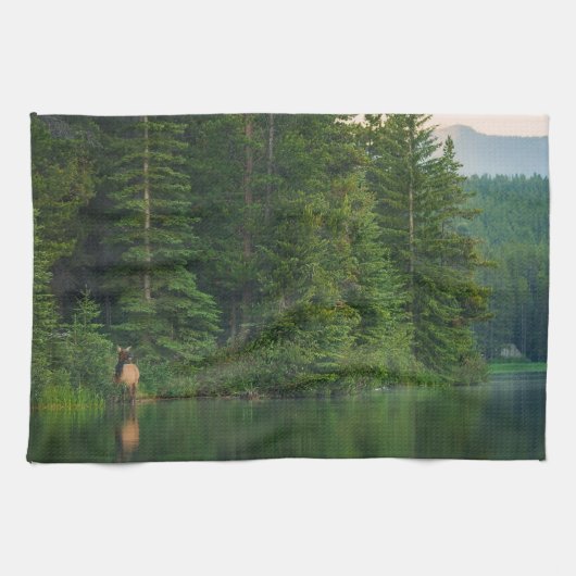 森林 |アルバータ州バンフ国立公園でエルク キッチンタオル (横)