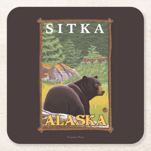 森林- Sitka、アラスカのツキノワグマ スクエアペーパーコースター (正面)