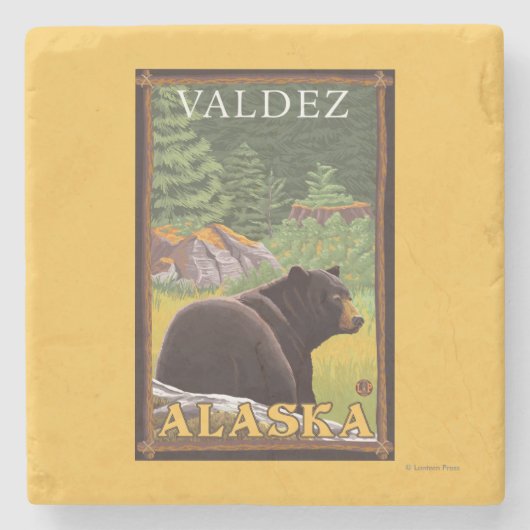 森林- Valdez、アラスカのツキノワグマ ストーンコースター (正面)