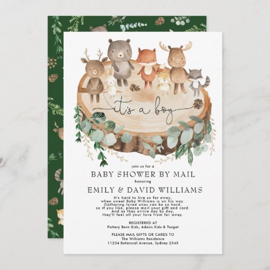 森素朴の動物をメールで届けるウッドランドの赤ちゃんシャワー 招待状 (正面/裏面)