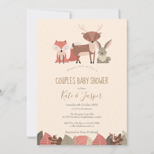 森素朴の動物カップル森の赤ちゃんシャワー 招待状 (正面)