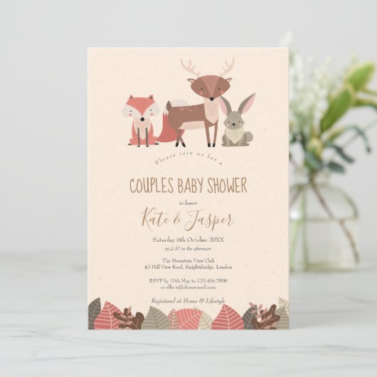 森素朴の動物カップル森の赤ちゃんシャワー 招待状 (スタンド正面)